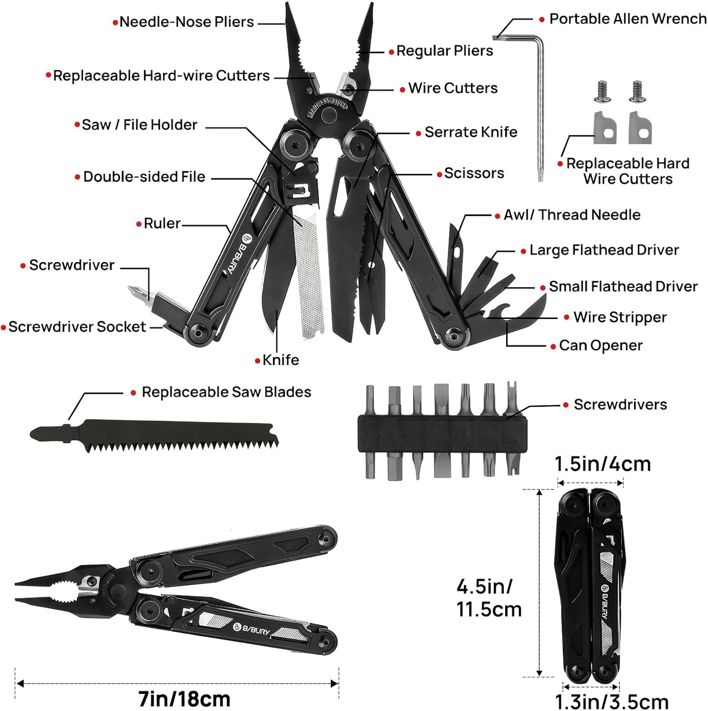 31-in-1 Professional Multitool Pliers with EDC Pocket Knife and Enhanced Scissors | Heavy-Duty Multi-Tool Featuring Replaceable Wire Cutters, Screwdriver, and Saw, Perfect for Survival, Camping, Repairs, and Gifts for Men